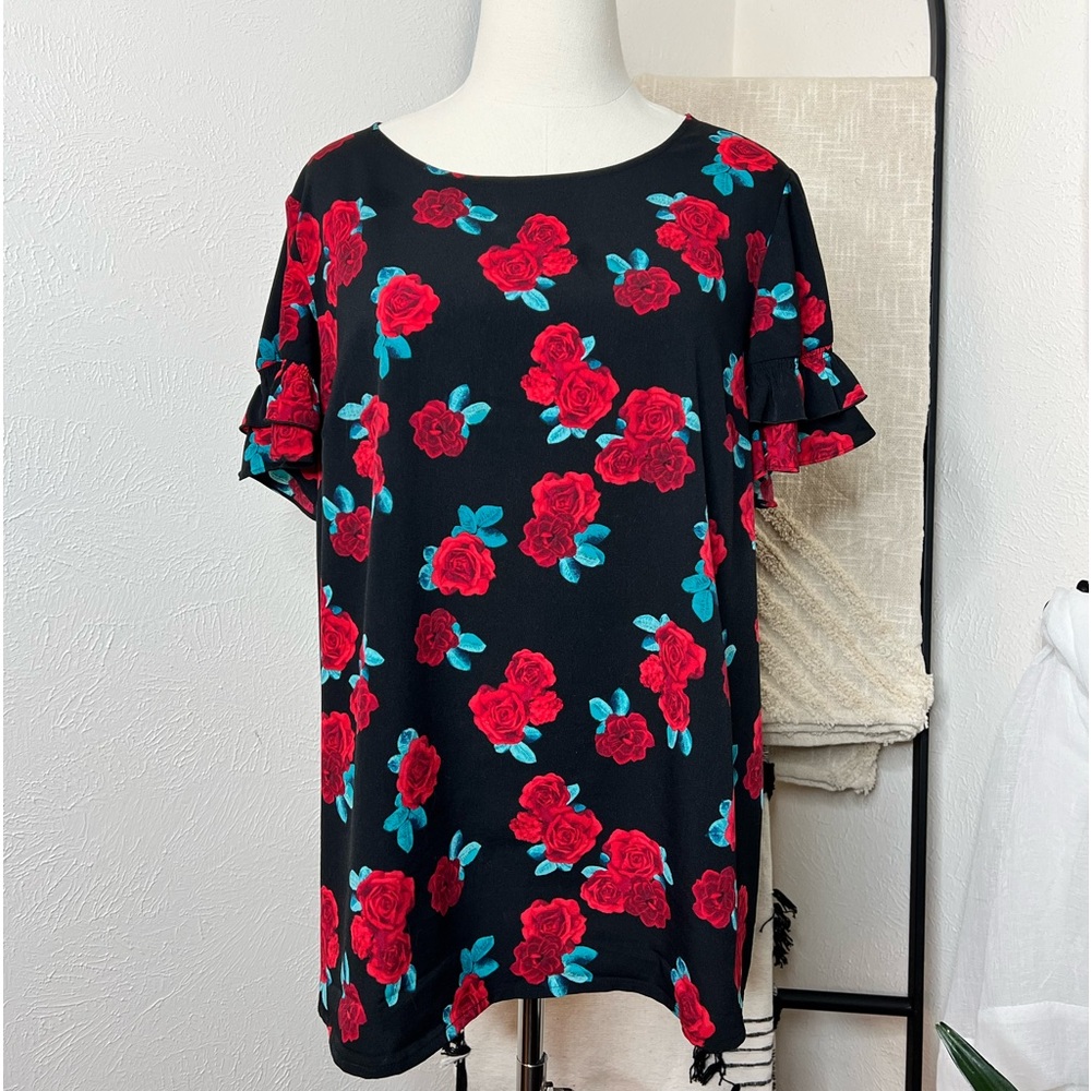 Lane Bryant Red Roses Ruffled Sleeve Top, Sz 14